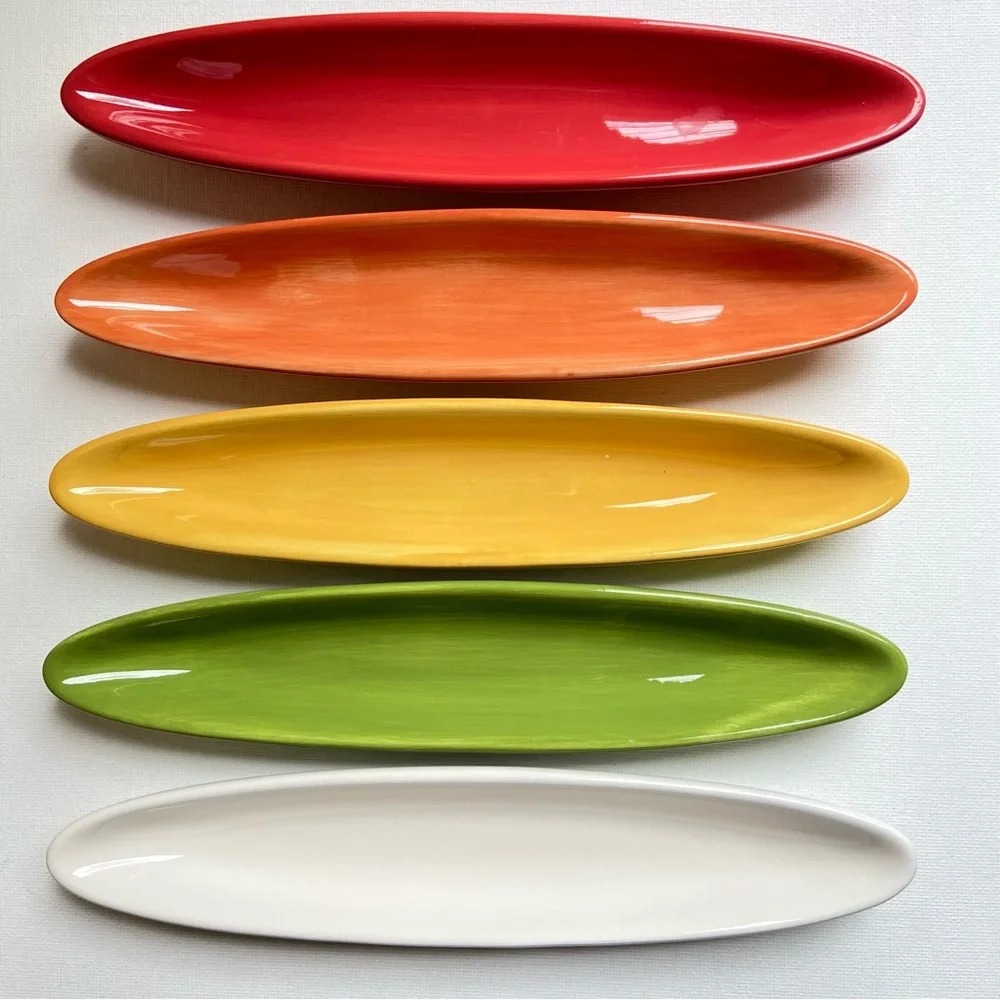 Pottery Barn olive boats set of five Colorful Serve ceramic dishes 8 inches